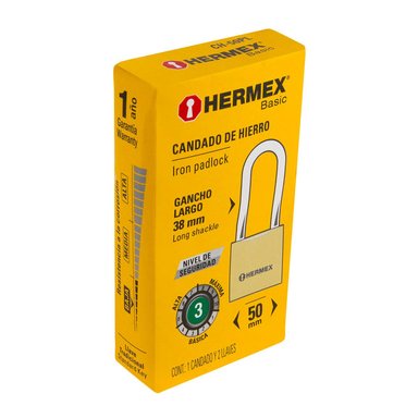 CANDADO DE HIERRO 50 MM ARCO LARGO, HERMEX - 27072