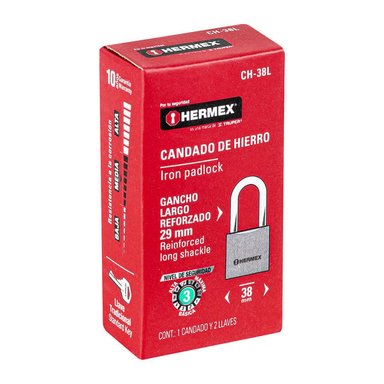 CANDADO DE HIERRO 38 MM ARCO LARGO EN CAJA, HERMEX - 43323