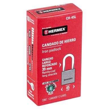 CANDADO DE HIERRO 45 MM ARCO LARGO EN CAJA, HERMEX - 43324