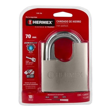 CANDADO HERMEX 70 MM CUERPO ACORAZADO DE HIERRO - 43003