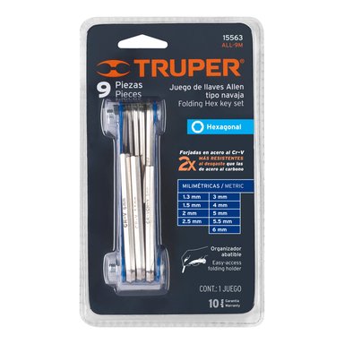 JUEGO DE 9 LLAVES ALLEN MM TIPO NAVAJA, CUERPO DE LÁMINA, TRUPER - 15563