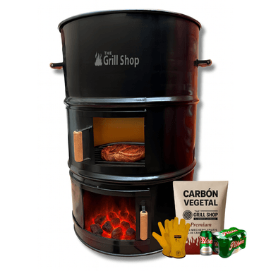 CILINDRO GRILL SHOP NEGRO PARRILLERO GRANDE + GUANTES + GANCHOS + CARBON