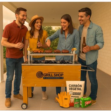 CAJA CHINA GRILL SHOP MADERA MEDIANA FAMILIAR + GUANTES + CARBON + CERVEZA - 5