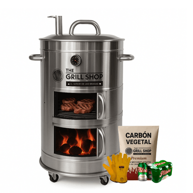 CILINDRO GRILL SHOP PARRILLERO MEDIANO ACERO INOXIDABLE GUANTES CARBON CERVEZA