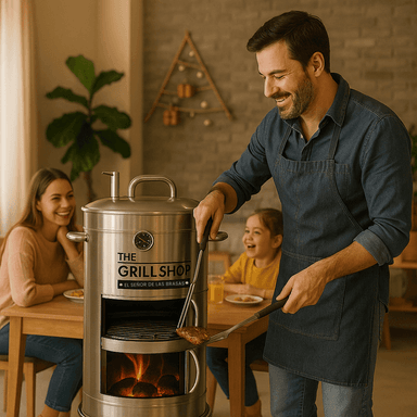 CILINDRO GRILL SHOP PARRILLERO MEDIANO ACERO INOXIDABLE GUANTES CARBON CERVEZA - 5