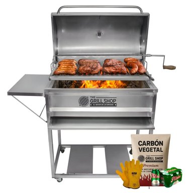 SET PARRILLA GRILL SHOP ACERO GRANDE TAPA INOXIDABLE + CARBON + CERVEZA + GUANTES