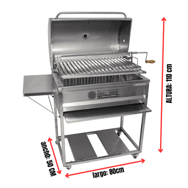 SET PARRILLA GRILL SHOP ACERO GRANDE TAPA INOXIDABLE + CARBON + CERVEZA + GUANTES - 2