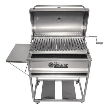 SET PARRILLA GRILL SHOP ACERO GRANDE TAPA INOXIDABLE + CARBON + CERVEZA + GUANTES - 3