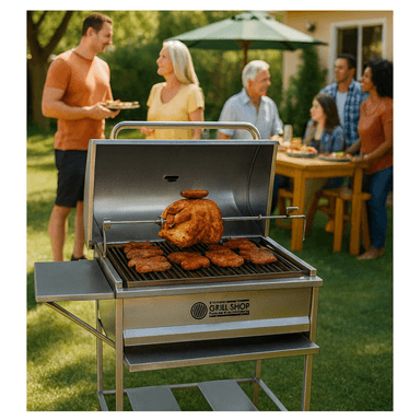 SET PARRILLA GRILL SHOP ACERO GRANDE TAPA INOXIDABLE + CARBON + CERVEZA + GUANTES - 5