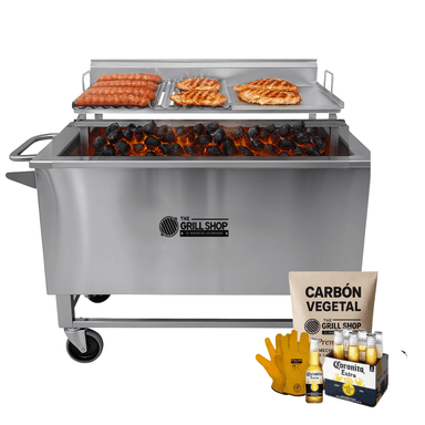 CAJA CHINA PARRILLERA XXL INOX +CERVEZA + CARBÓN + GUANTES