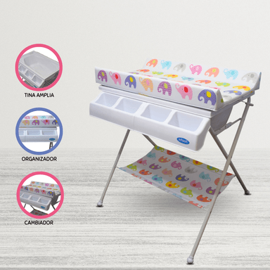 BAÑERA INFANTI CAMBIADOR PLEGABLE 2 PISOS «ELEPHANTS» ROSADO