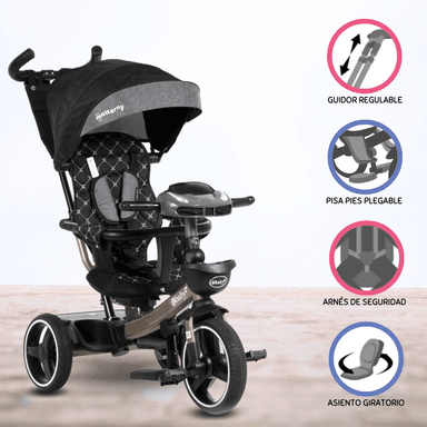 TRICICLO EBABY GUIADOR USB SANTORINI DELUXE NEGRO PARA NIÑOS