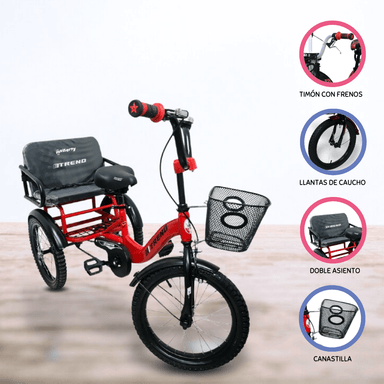 TRICICLO POWER KIDS DOBLE ASIENTO CON CADENA TRENO ROJO - 1