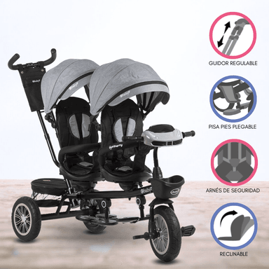 TRICICLO EBABY GUIADOR DE PASEO GEMELAR GRIS PARA NIÑOS