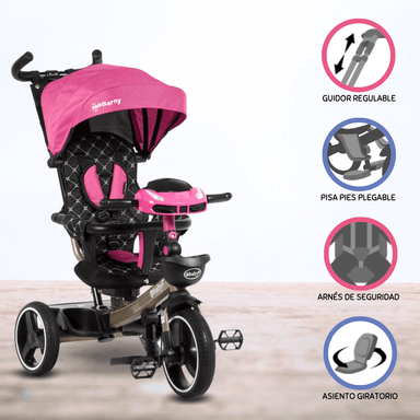 TRICICLO EBABY GUIADOR USB SANTORINI DELUXE ROSADO PARA NIÑOS