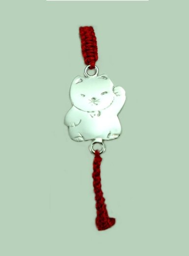 PULSERA RELISE PLATA GATO CHINO SUERTE PITA TEJIDA ROJA