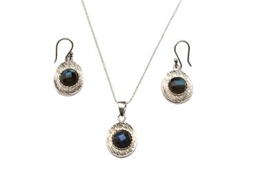 COLLAR Y ARETES RELISE LABRADORITA PLATA LEY 950 PIEDRA