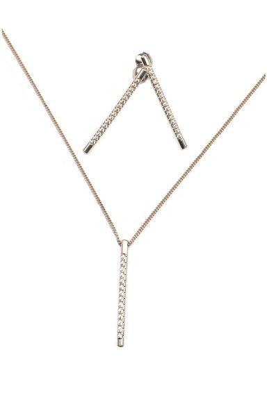 COLLAR Y ARETES RELISE TINA VERTICAL PLATA LEY 950 TUBO ENGASTE ZIRCONES BRILLANTES