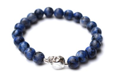 PULSERA RELISE PLATA LEY 950 ELASTICA CON PIEDRA NATURAL SODALITA Y DIJE CALAVERA