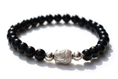 PULSERA RELISE PLATA LEY 950 ELASTICA CON PIEDRA NATURAL ONIX Y DIJE BUDA