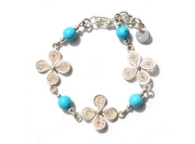 PULSERA RELISE FLOR FILIGRANA PLATA Y TURQUEZA
