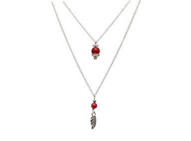 COLLAR RELISE HOJA CAFÉ CADENA DOBLE Y ARETES CON AGATA ROJA