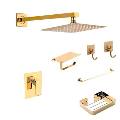 KIT DUCHA CUADRADO ACERO 20CM + MEZCLADORA  DORADO Y ACCESORIOS