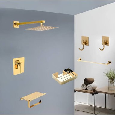 KIT DUCHA CUADRADO ACERO 20CM + MEZCLADORA  DORADO Y ACCESORIOS - 2