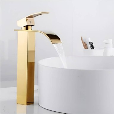 MEZCLADORA DE LAVATORIO DORADO ELEGANTE ALTA CASCADA