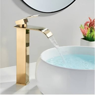 MEZCLADORA DE LAVATORIO DORADO ELEGANTE ALTA CASCADA - 4