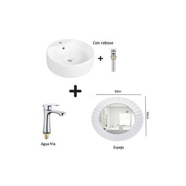 COMBO DE LAVATORIO REDONDO MAS GRIFERIA AGUA FRIA  DESAGUE ESPEJO