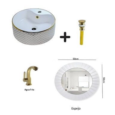 COMBO DE LAVATORIO REDONDO MAS GRIFERIA DORADO DESAGUE ESPEJO