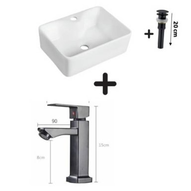 COMBO DE LAVATORIO CUADRADO MAS GRIFERIA COLOR NEGRO Y DESAGUE