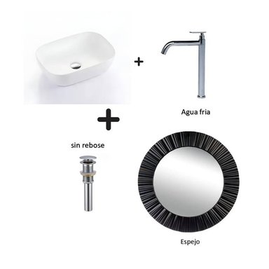 COMBO DE LAVATORIO RECTANGULAR MAS GRIFERIA AGUA FRIA DESAGUE Y ESPEJO