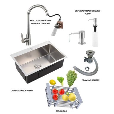 COMBO LAVADERO DE COCINA MODELO POZON  ACERO + MEZCLADORA EXTRAIBLE