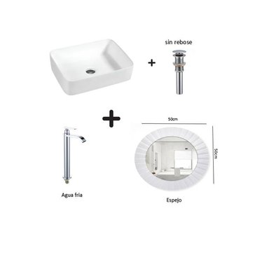 COMBO DE LAVATORIO RECTANGULAR MAS GRIFERIA AGUA FRIA  DESAGUE ESPEJO