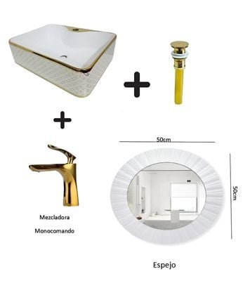 COMBO DE LAVATORIO RECTANGULAR MAS MEZCLADORA DORADO DESAGUE ESPEJO