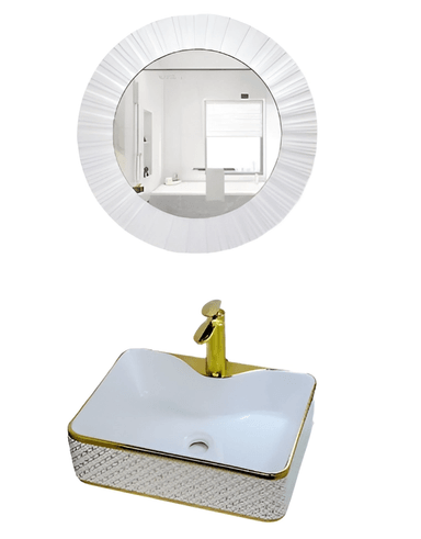 COMBO DE LAVATORIO RECTANGULAR MAS MEZCLADORA DORADO DESAGUE ESPEJO - 2