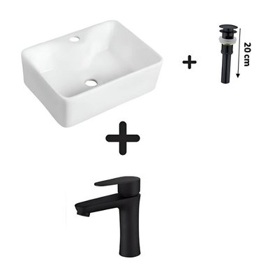 COMBO DE LAVATORIO CUADRADO MAS GRIFERIA COLOR NEGRO Y DESAGUE