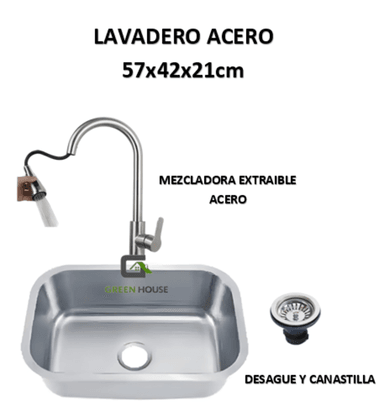 SET LAVADERO MINIMALISTA ACERO INOXIDABLE PLATEADO FREGADERO MOD AUD MAS MEZCLADORA EXTRAIBLE