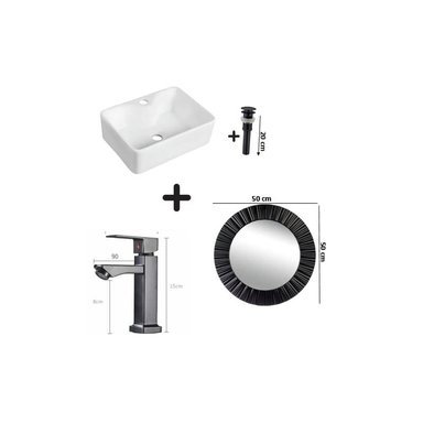 COMBO DE LAVATORIO GRIFERIA COLOR NEGRO DESAGUE Y ESPEJO