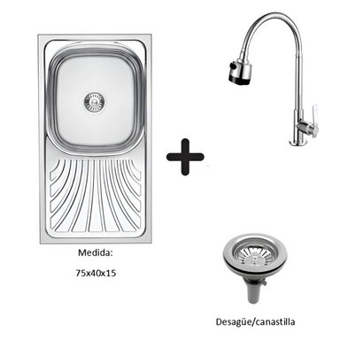 SET LAVADERO MINIMALISTA ACERO INOXIDABLE PLATEADO FREGADERO NZD MAS GRIFERIA AGUA FRIA