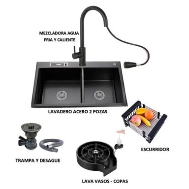 COMBO LAVADERO DE COCINA  2 POZAS NEGRO + MEZCLADORA EXTRAIBLE