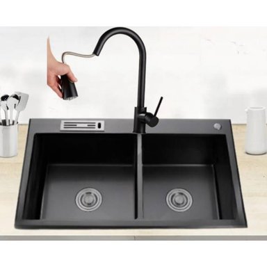 COMBO LAVADERO DE COCINA 2 POZAS NEGRO + MEZCLADORA EXTRAIBLE - 2