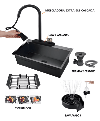 COMBO 60X45X23CM LAVADERO NEGRO DE COCINA  MEZCLADORA  PORTA VASOS