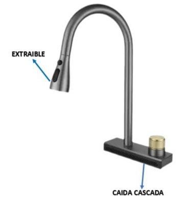 ELEGANTE MEZCLADORA GRIS DE COCINA  EXTRAIBLE CON CAIDA CASCADA