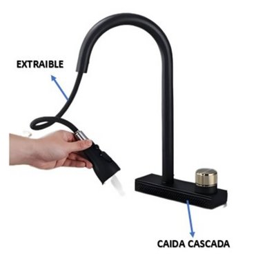 ELEGANTE MEZCLADORA NEGRA DE COCINA  EXTRAIBLE CON CAIDA CASCADA