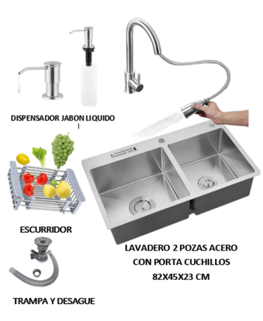 COMBO LAVADERO DE COCINA CON 2 POZAS ACERO + MEZCLADORA EXTRAIBLE