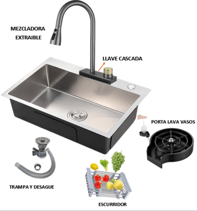 COMBO 81X48X22CM LAVADERO POZON DE COCINA  ACERO + MEZCLADORA  CASCADA