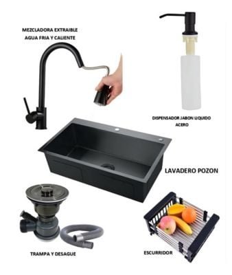 COMBO LAVADERO DE COCINA MODELO POZON  + MEZCLADORA EXTRAIBLE  ACERO